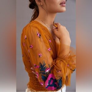Anthropologie Smocked Tulle Blouse